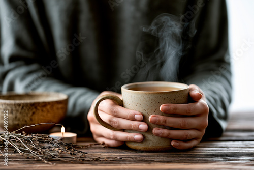Woman Holding Handmade Ceramic Mug of Herbal Tea in Cozy Wellness Setting