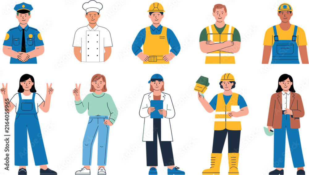 Fototapeta premium Diverse Professional Occupations and Labor Workers Character Set Including Police Officer Chef Engineer Builder and Businesswoman Vector Illustration Isolated on White Background