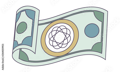Stylized curled banknote with abstract currency symbol and elegant flourishes on white background. Financial and economy concept