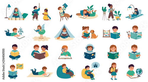 Bild auf Leinwand Diverse collection of children reading books in various cozy and imaginative settings