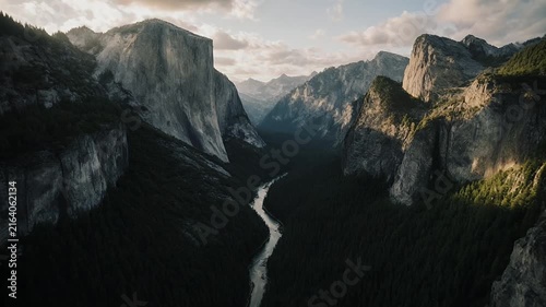 Yosemite Valley Aerial View at Sunset Cinematic Landscape Footage