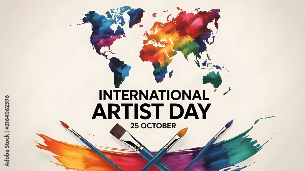Fototapeta premium International Artist Day creative poster combining world map colors, paintbrushes, and artistic tools highlighting imagination, creativity, visual arts, cultural celebration, and global appreciation f