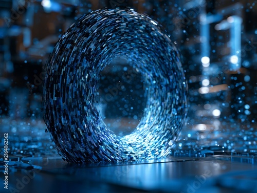 Circular portal built from rotating holographic code fragments, opening into an abstract cyber dimension filled with glowing geometric structures and floating light particles. 