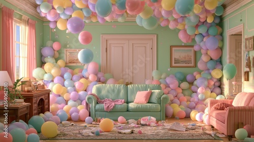 Surreal indoor room filled with colorful pastel balloons soft natural light