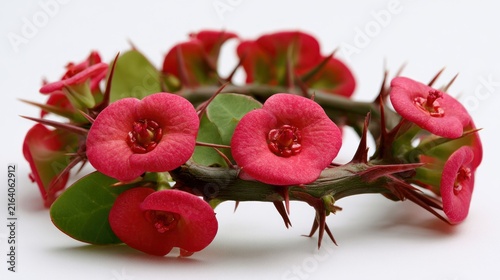 Macro view of crown of thorns plant with vibrant pink flowers and sharp thorns