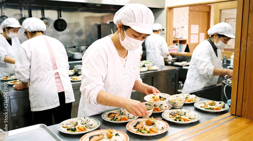 保育園の給食室で幼児食を盛り付ける調理師