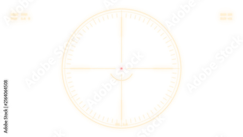 Military tactical scope overlay, horseshoe aiming mark in amber orange, sniper rifle sight with range and windage marks on transparent background