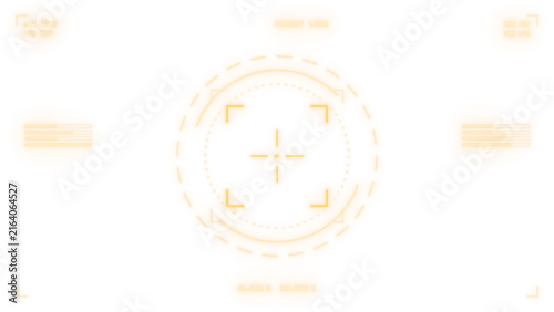 Futuristic AR HUD overlay, radial scanner display in amber orange, sci-fi user interface with side gauges and corner readouts on transparent background