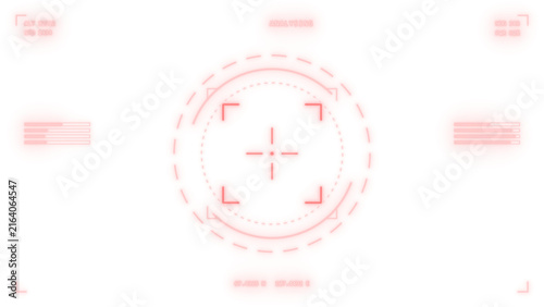 Futuristic AR HUD overlay, combat targeting system in red crimson, sci-fi user interface with side gauges and corner readouts on transparent background