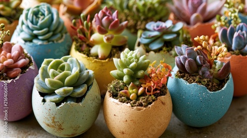 Assortment of colorful succulents growing in cracked eggshell planters on a textured surface