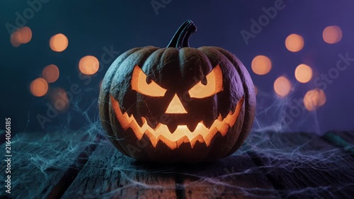 Spooky Jack-O-Lantern Pumpkin With Glowing Face on Wooden Surface