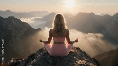 Woman Meditating in Lotus Position on Mountain Peak at Sunrise