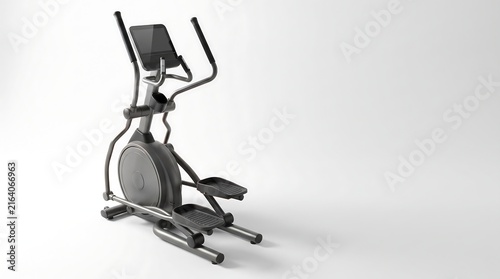 Modern elliptical cross trainer machine isolated on a white studio background.