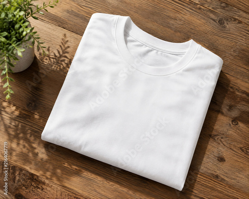 Folded Blank White T-Shirt Mockup on Wooden Background with Plant Shadow