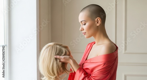 Young woman with hair loss holding a blonde wig