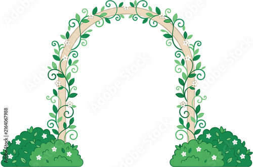 Elegant Garden Trellis Arch Vector Illustration with Climbing Green Vine Leaves and White Flowers Isolated on White Background for Wedding Invitation Graphic Designs