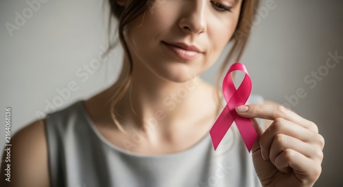 Woman holding a pink ribbon as a symbol of breast cancer awareness