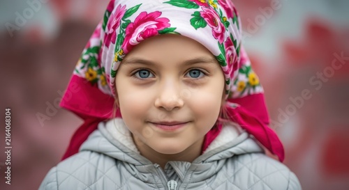 Closeup portrait of a young girl wearing a floral headscarf