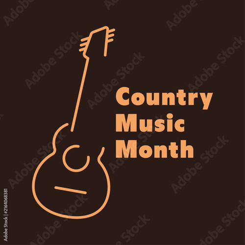 Country music month vector illustration with continuous line art guitar and bold typography on dark brown background.