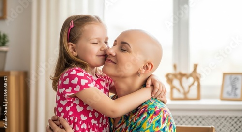 A young girl with a pink heartpatterned dress hugging her mother who has lost her hair, showing deep love and emotional support