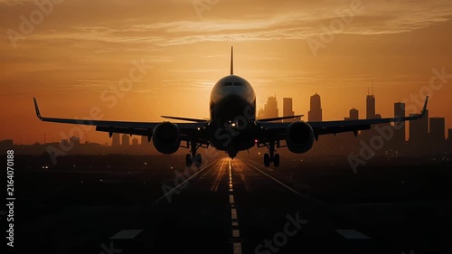 Airplane Landing Approach Over City Skyline at Sunset Storyboard