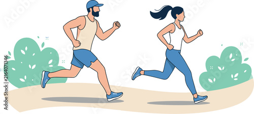 Healthy Lifestyle Concept with Young Man and Woman Jogging Together on Outdoor Park Path Flat Style Vector Banner Illustration