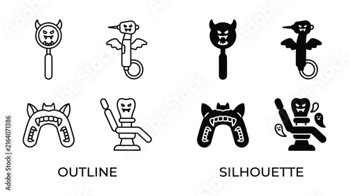 Foto Dental Horror Icons: A collection of stylized icons depicting monstrous dental instruments and chairs, presented in both outline and silhouette forms, evokes a sense of dental anxiety or phobia