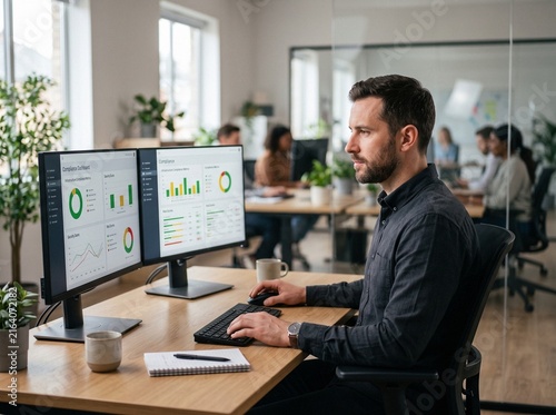 Professional DevSecOps engineer analyzing compliance metrics and security dashboards on dual monitors in a modern open-plan tech office