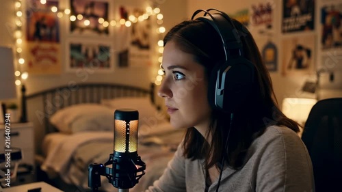Young woman with headphones speaks into a colorful microphone while sitting at a desk in a cozy bedroom with fairy lights and posters on the walls