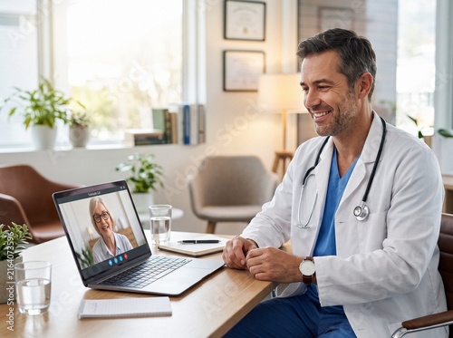 Friendly male doctor in scrubs and white lab coat conducting telehealth video consultation on laptop with senior patient from bright medical office