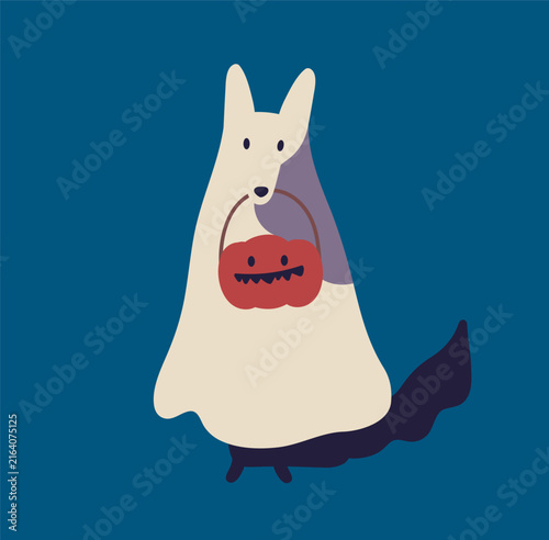 Принти на полотні Halloween dog in ghost costume with pumpkin