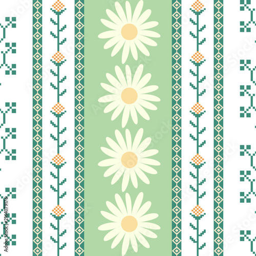 Seamless Daisy Floral Stripe Pattern with Green Botanical and Geometric Borders, Vintage Folk Background