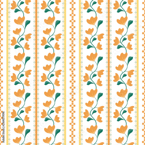 Orange Floral Stripe Seamless Pattern, Retro Botanical Digital Paper, Boho Flower Pattern, Vintage Green Orange Background