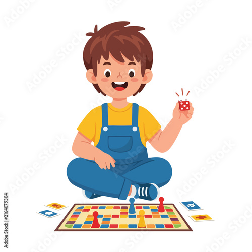 A happy boy sitting cross-legged plays a colorful board game on the floor, holding a red die up with pawns and cards nearby.