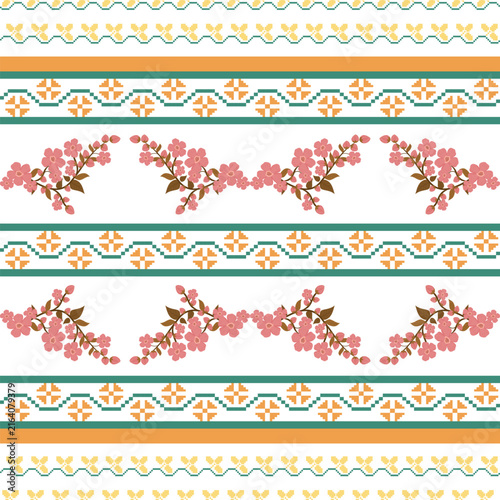 Seamless Pink Floral Horizontal Stripe Pattern with Decorative Folk Botanical Borders, Vintage Background