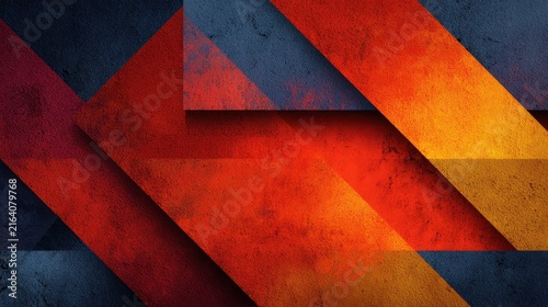 Modern abstract geometric background featuring layered diagonal shapes in vibrant orange, red and dark blue with textured surfaces.