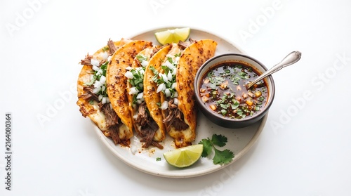 Five Birria Tacos with Consomm? and Lime on White Background