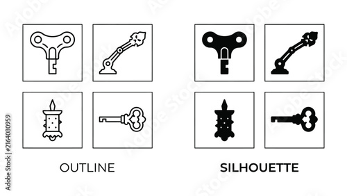 Obraz na plátně Wind-up Key and Skeleton Key Icons: A set of two distinct icon styles, outline and silhouette, featuring a wind-up key and a skeleton key, representing unlocking potential and mechanisms