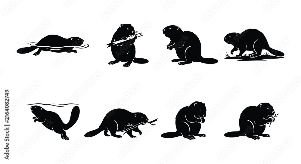 Naklejka premium Beaver silhouettes depict various poses and activities in a vector illustration