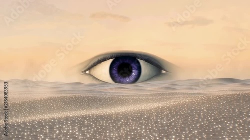 Large purple eye emerges from sandy landscape, surrounded by shimmering light reflections, creating a surreal and dreamlike atmosphere in a vast desert setting