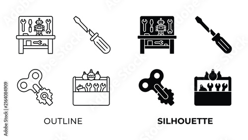 Foto Tool Icons: A collection of outline and silhouette icons depicting tools, a workbench, and a wind-up key, representing various aspects of repair and creation