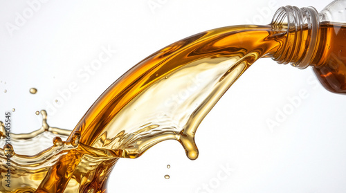 Golden Motor Oil Pouring and Splashing from Bottle on White Background