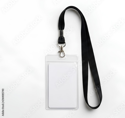 Blank plastic id card badge holder with a black fabric lanyard