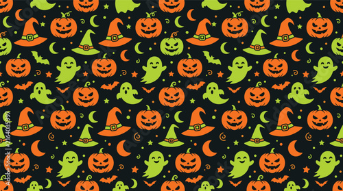 Spooky halloween haunted pumpkin and ghost seamless pattern
