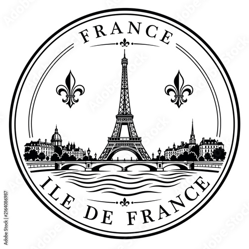 Parisian Eiffel Tower cityscape with fleur-de-lis emblems and 