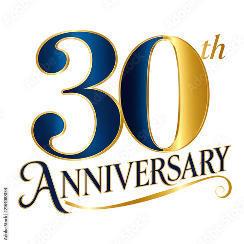 Elegant golden and blue thirtieth anniversary celebration design with decorative typography and script
