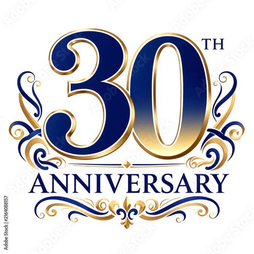 Elegant golden and blue thirtieth anniversary celebration design with decorative swirls and typography