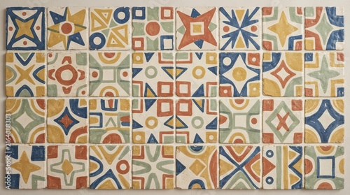 Colorful mosaic tiles with geometric patterns and varied designs