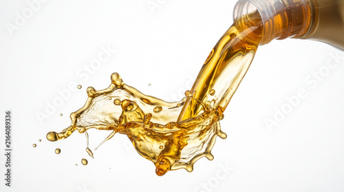 Golden Motor Oil Pouring and Splashing from Bottle on White Background2