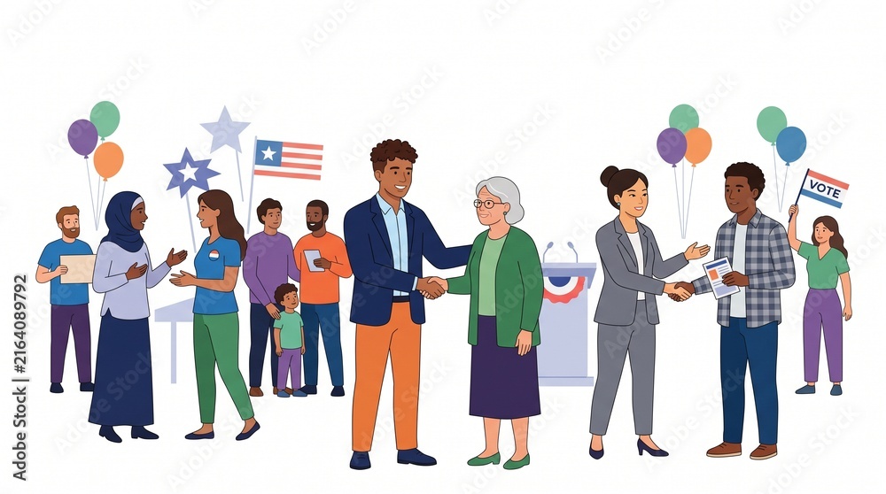 Fototapeta premium Diverse political candidates shaking hands with voters at a community campaign rally event.